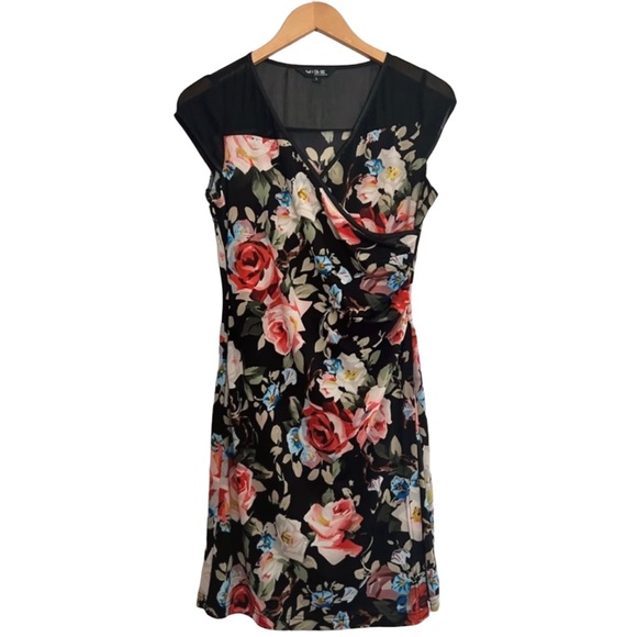 Yige Dresses & Skirts - YIGE Size L Black + Floral Mesh/Bedazzled Short Sleeve Dress